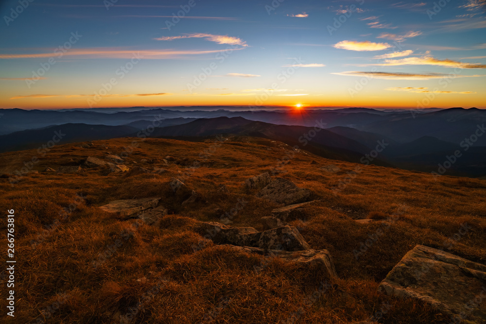 Beautiful landscape at sunset of the Ukrainian Carpathian Mountains, Chornohora from Mount Petros