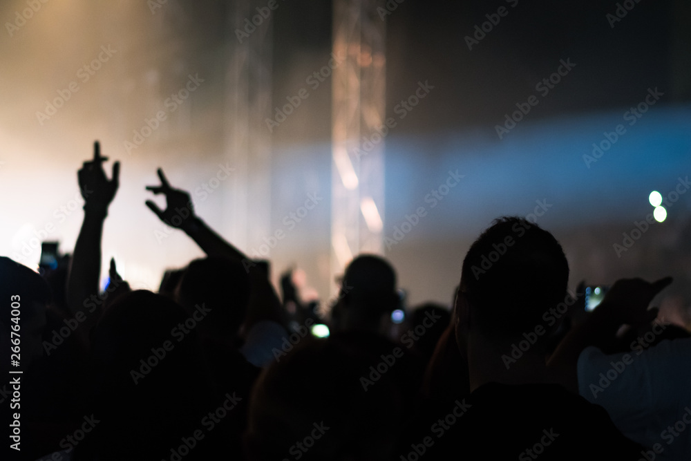 hands to the skies of people dancing and having fun at the live music concert