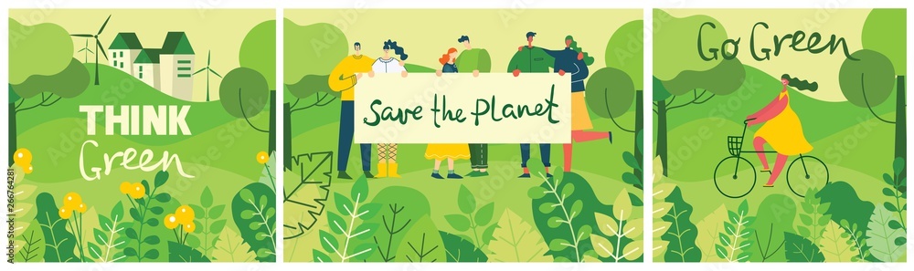 Vector illustrations with activists people holding placard on the nature, in the forest with green landscape veiw in the flat design and eco quote Save the planet
