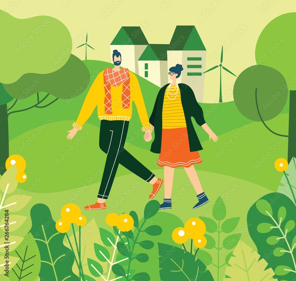 Vector Spring illustration with couple in love holding hands and walking in the forest with eco lanscape in the flat design
