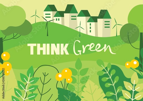 Vector illustration ECO background of Concept of saving our inviroment. Landscape, forest, hills and trees in flat geometric style and text Think green  photo