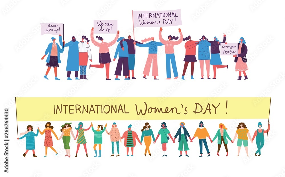 Colorful vector illustrations concept of Happy Woman's internarional day . Happy female friends, union of feminists, sisterhood holding the placard in flat design 