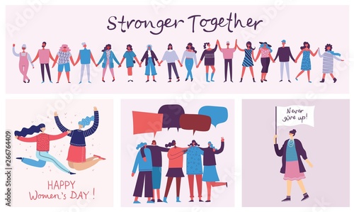 Colorful vector illustrations concept of Happy Woman's internarional day . Happy female friends, union of feminists, sisterhood holding the placard in flat design  photo