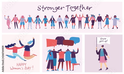 Colorful vector illustrations concept of Happy Woman's internarional day . Happy female friends, union of feminists, sisterhood holding the placard in flat design 