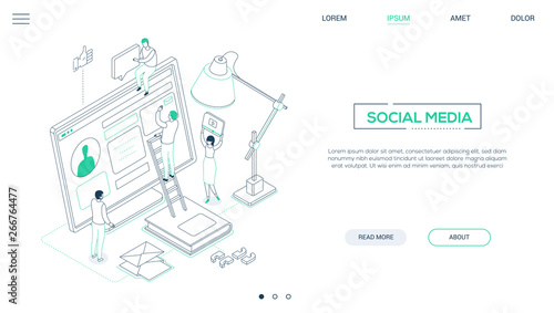 Social media marketing - line design style isometric web banner
