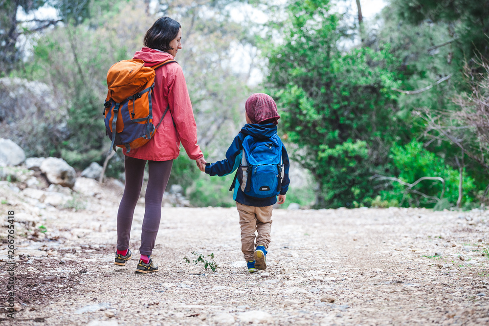 A woman walks with her son through the forest. A woman walks with her son through the forest.