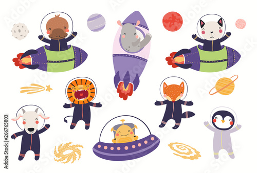 Big set of cute animal astronauts in space, with planets, stars. Isolated objects on white background. Hand drawn vector illustration. Scandinavian style flat design. Concept for children print.