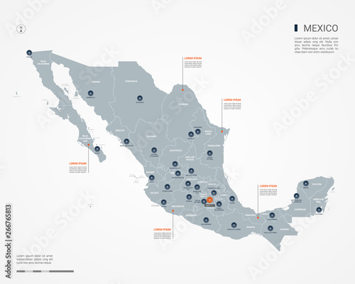 Canvas Print Mexico map with borders, cities, capital and administrative divisions
