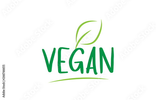 vegan green word text with leaf icon logo design