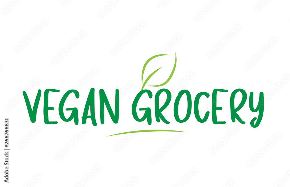 vegan grocery green word text with leaf icon logo design