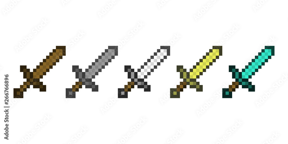 Vector set of classic pixel swords. Cartoon steel blades for fun computer and console games or illustrations Vector set of classic pixel swords. Cartoon steel blades for fun computer and console games or illustrations