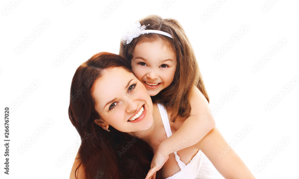 Portrait close-up happy smiling mother with little child daughter having fun on white background Portrait close-up happy smiling mother with little child daughter having fun on white background
