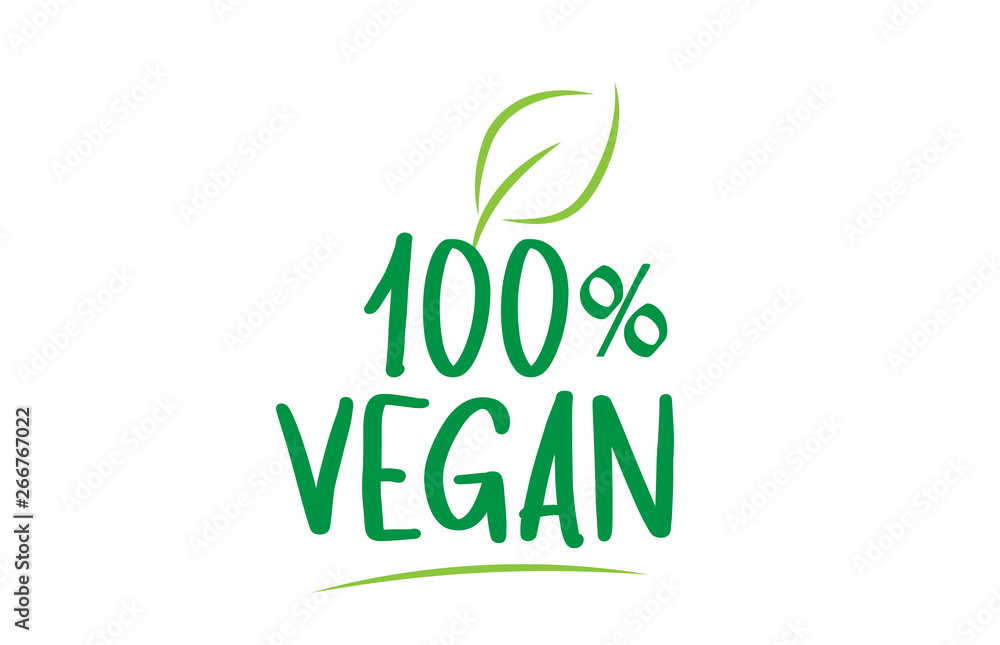 Fototapeta premium 100% vegan green word text with leaf icon logo design