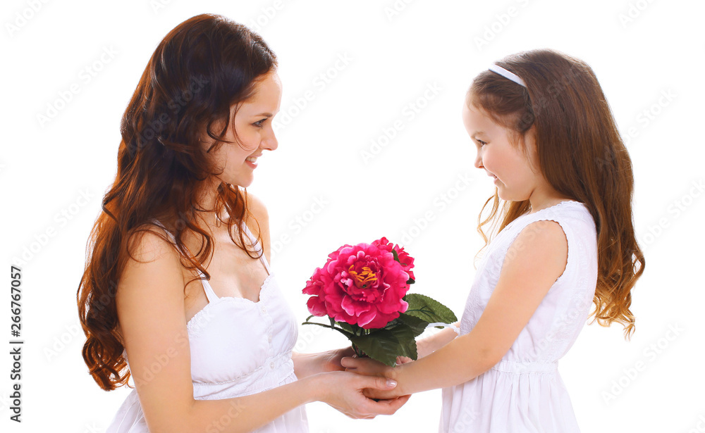 Happy mothers day, birthday concept - happy daughter giving flowers to mother on white background Happy mothers day, birthday concept - happy daughter giving flowers to mother on white background