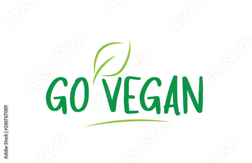 go vegan green word text with leaf icon logo design