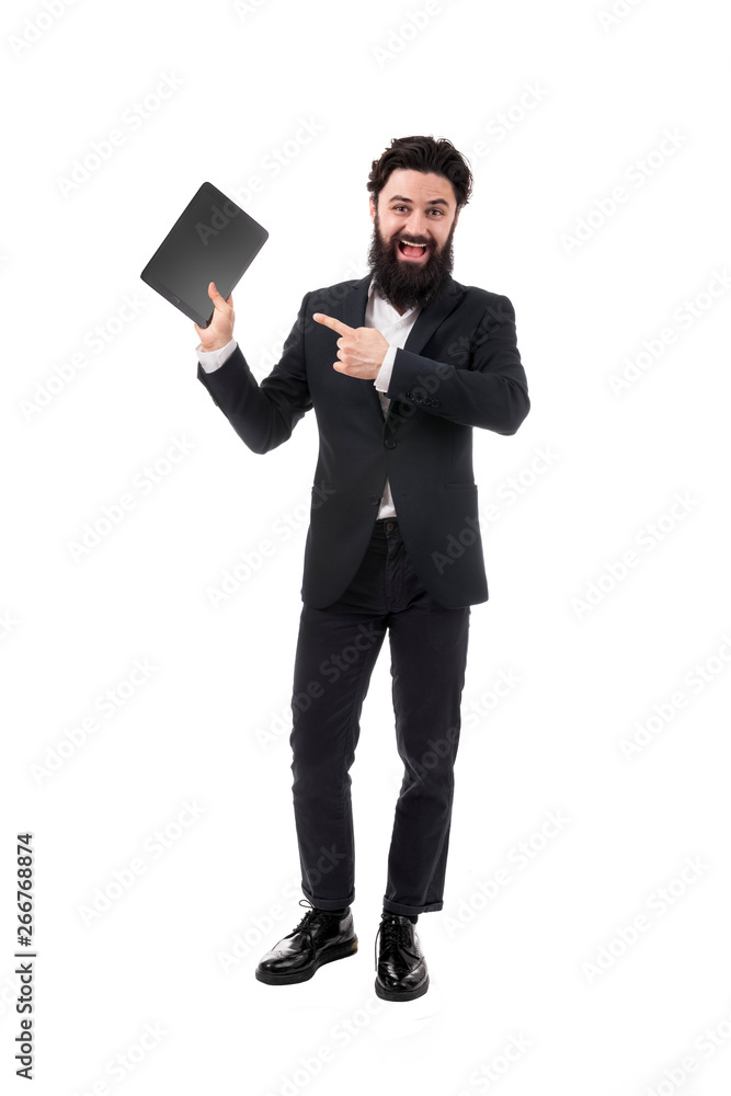 full length portrait of bearded businessman with tablet in hand, man pointing on blank tablet screen, isolated on white background full length portrait of bearded businessman with tablet in hand, man pointing on blank tablet screen, isolated on white background