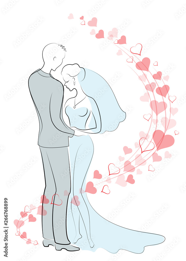 Wedding. Young bride and cute bride. Happy relationship and love boyfriend and girlfriend. Background of red hearts. Vector illustration Wedding. Young bride and cute bride. Happy relationship and love boyfriend and girlfriend. Background of red hearts. Vector illustration