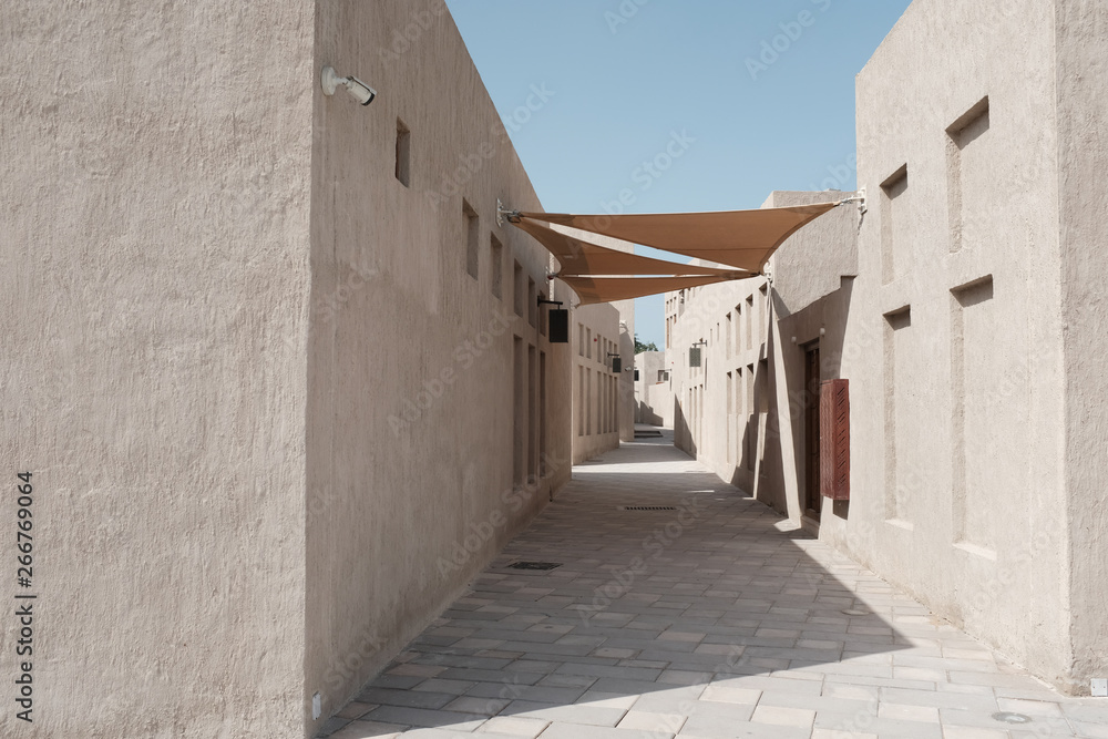 Calm street of Heritage Village in Dubai
