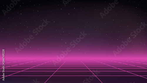 Retro Futurism Sci-Fi Background. Dark space with stars. Purple horizon light. Perspective grid. Abstract retro background in 80s style. Vector illustration