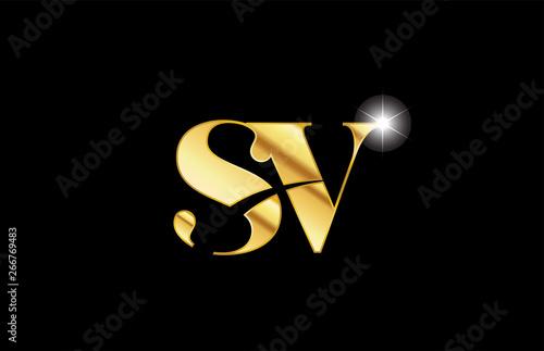 alphabet letter sv s v gold golden metal metallic logo icon design