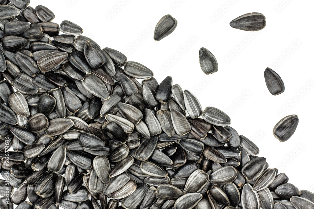 Sunflower seeds isolated on white background, top view Sunflower seeds isolated on white background, top view