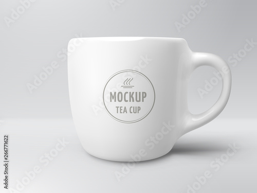 Vector 3D realistic mockup of ceramic white coffee mug. Template with porcelain cup of tea for design of branding identity. Easy to change colour.  Isolated from the background.