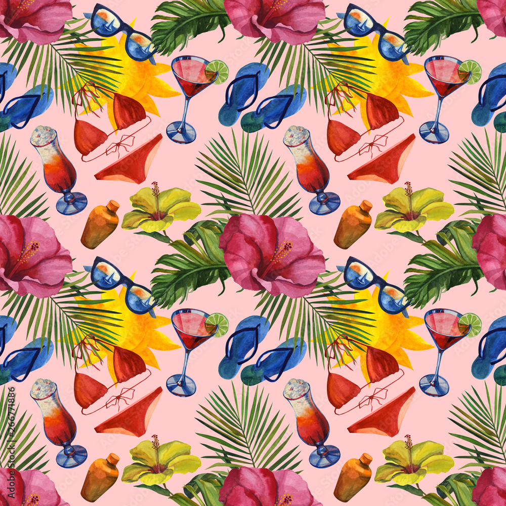 Watercolor pattern with tropical palm leaves, bananas, pineapples, drinks party and flowers. Seamless pattern