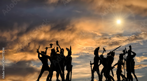 Foto Two different groups of well armed attacking Vikings, battle scene, dark-brown s