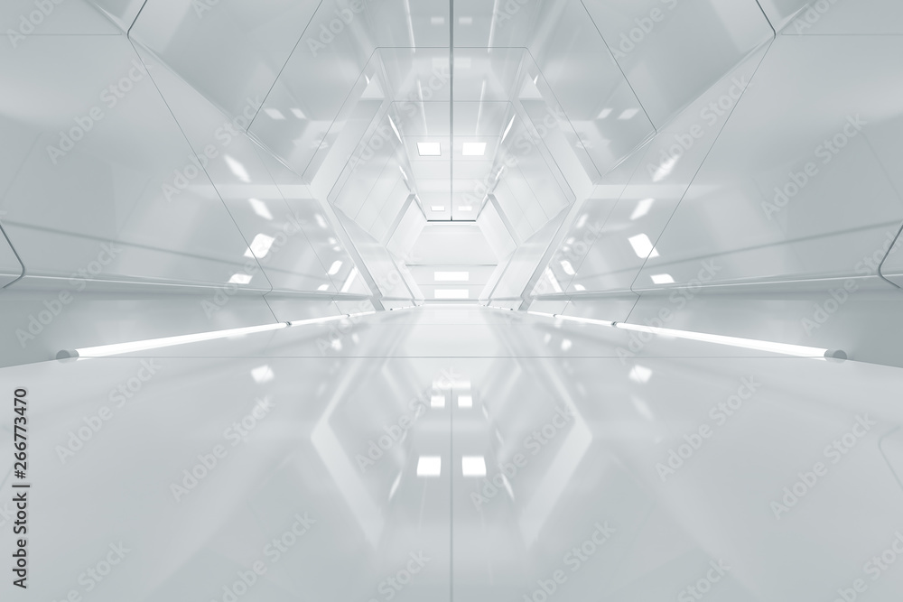 Abstract hexagon Spaceship corridor. Futuristic tunnel with light. Future interior background, business, sci-fi science concept. 3d rendering - obrazy, fototapety, plakaty 