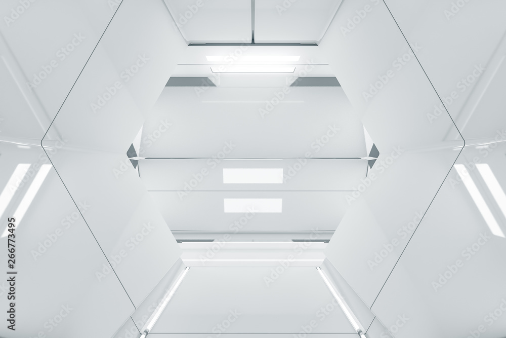 Abstract hexagon Spaceship corridor. Futuristic tunnel with light. Future interior background, business, sci-fi science concept. 3d rendering Abstract hexagon Spaceship corridor. Futuristic tunnel with light. Future interior background, business, sci-fi science concept. 3d rendering