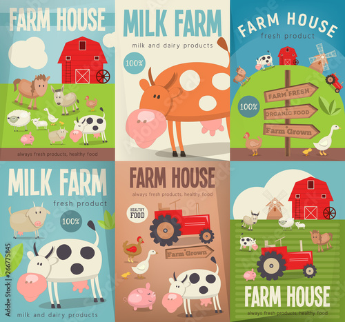 Farm House Posters Set. Farmers Market. Healthy Food, Organic Products and Farming Concept. Retro Style. Vector Illustration. Farm Animals, Livestock.