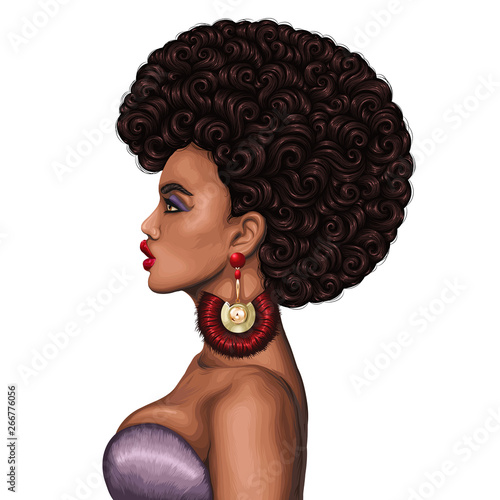 Vector colored portrait of a African girl with magnificent curly afro hairstyle in retro style. Fashion model in profile with gold earrings with red tassels. Isolated on white background