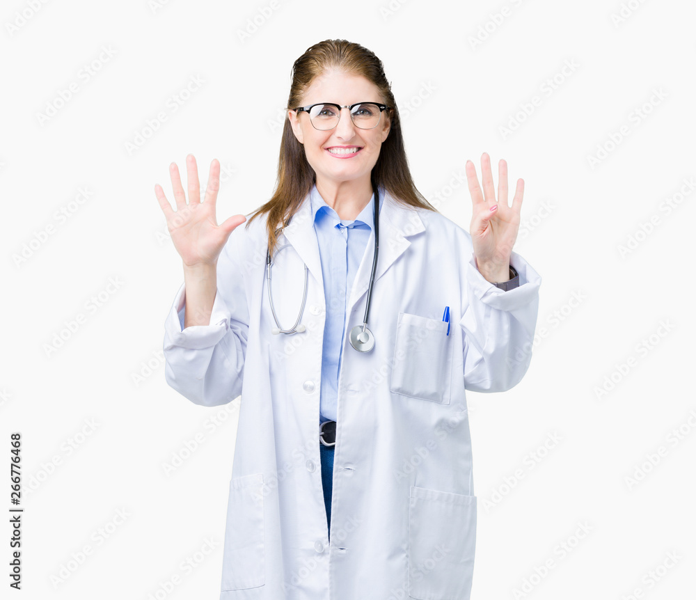 Middle age mature doctor woman wearing medical coat over isolated background showing and pointing up with fingers number nine while smiling confident and happy. Middle age mature doctor woman wearing medical coat over isolated background showing and pointing up with fingers number nine while smiling confident and happy.