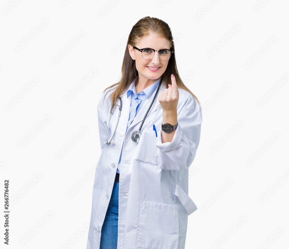 Middle age mature doctor woman wearing medical coat over isolated background Beckoning come here gesture with hand inviting happy and smiling Middle age mature doctor woman wearing medical coat over isolated background Beckoning come here gesture with hand inviting happy and smiling