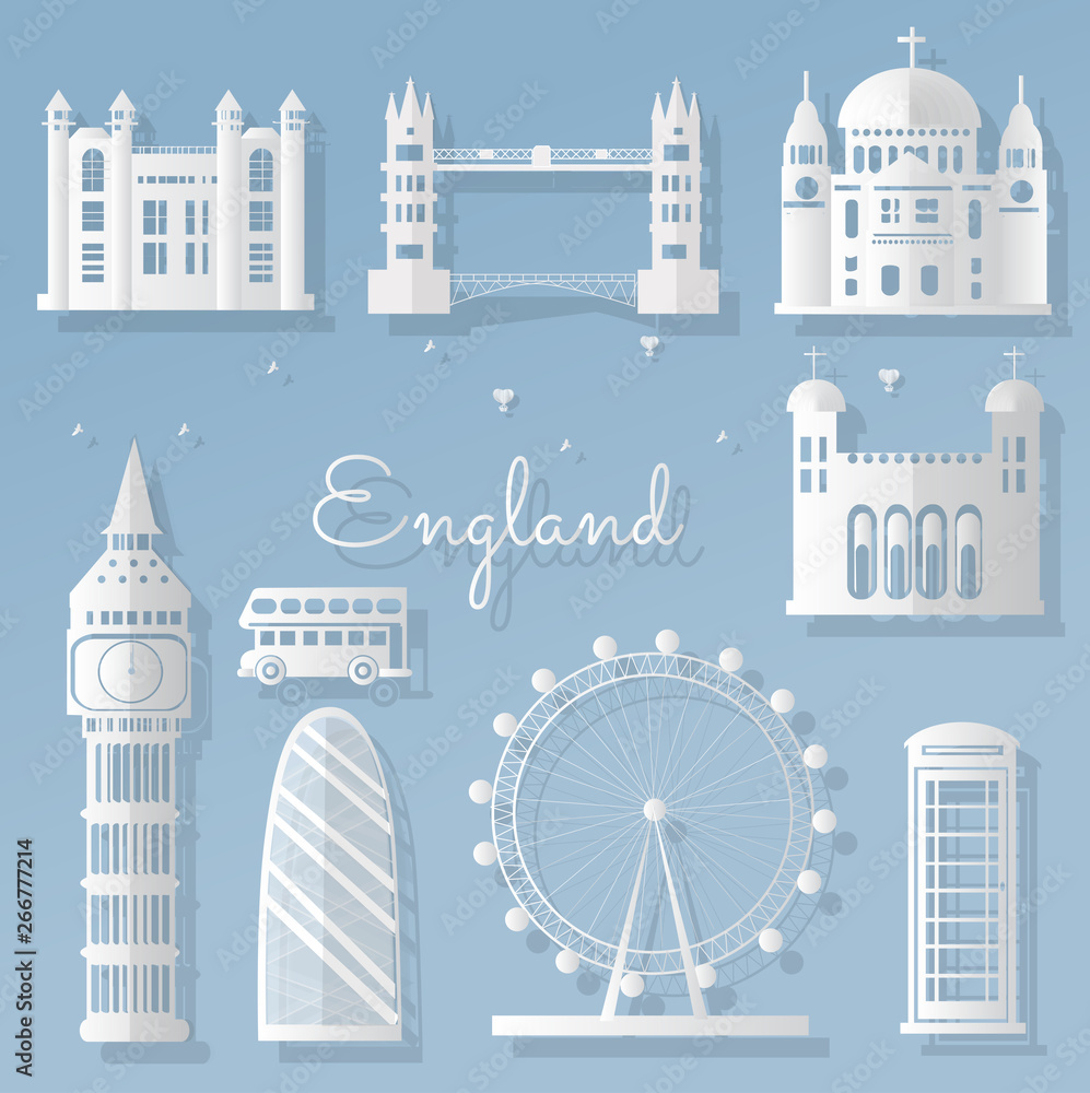 Paper cut important elements of the world famous London, England, world-class cities - vector