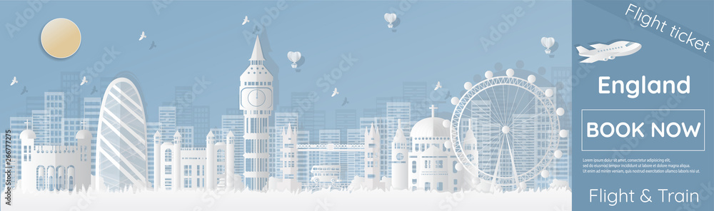 Tickets travel to London, England with famous and famous places in the form of paper cut, vector style, advertising templates, plane tickets - vector.