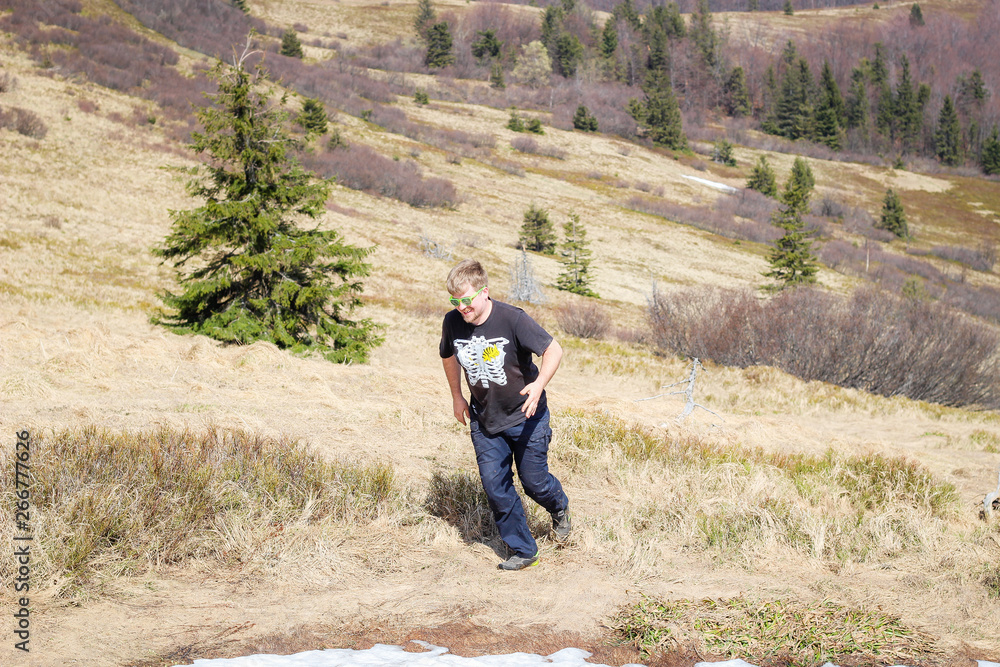 Man in the mountains. Carpathians Mountain trip. Snow Man in the mountains. Carpathians Mountain trip. Snow