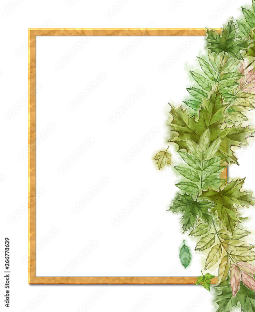 Green Summer Leaf Wreath on Wooden Rectangular Frame. Blank Template Decorated with Leaf Wreath. Green Summer Leaf Wreath on Wooden Rectangular Frame. Blank Template Decorated with Leaf Wreath.