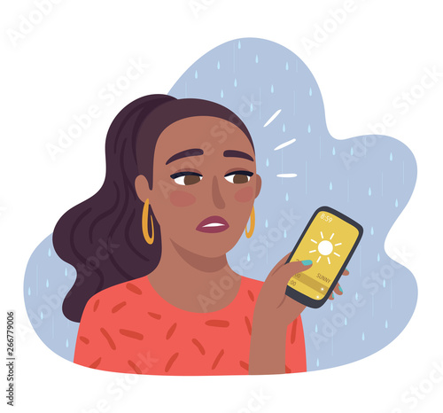  Forecast failure on mobile App. African-American woman disappointed with the  weather forecast on smartphone. Mobile application and modern technology concept. Flat vector illustration.