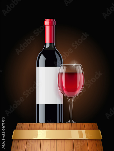 Wooden barrel with wine bottle and wineglass. Vessel for keeping alcohol drink. Beverage cellar. Oak cask capacities. Wine sampling. Isolated on white background. Eps10 vector illustration.