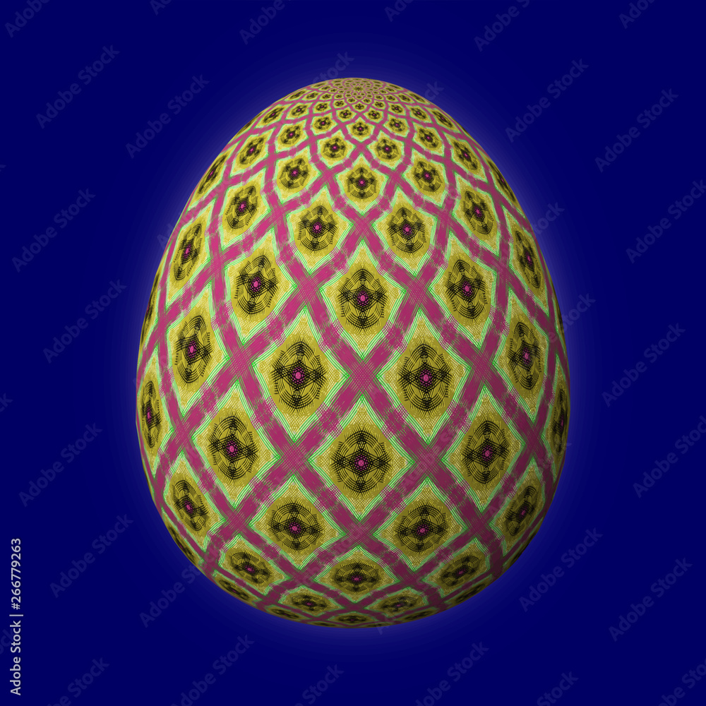 Happy Easter - Frohe Ostern, Artfully designed and colorful easter egg, 3D illustration on blue background Happy Easter - Frohe Ostern, Artfully designed and colorful easter egg, 3D illustration on blue background