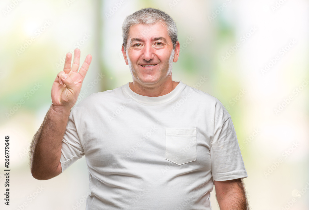 Handsome senior man over isolated background showing and pointing up with fingers number three while smiling confident and happy. Handsome senior man over isolated background showing and pointing up with fingers number three while smiling confident and happy.