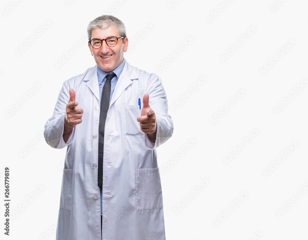 Handsome senior doctor, scientist professional man wearing white coat over isolated background pointing fingers to camera with happy and funny face. Good energy and vibes. Handsome senior doctor, scientist professional man wearing white coat over isolated background pointing fingers to camera with happy and funny face. Good energy and vibes.