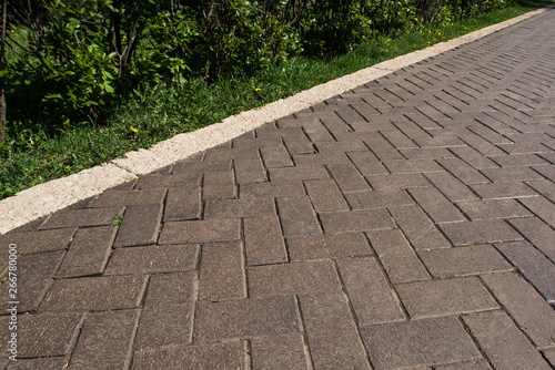 Paving slabs in the green garden. Texture of road tiles with herringbone pattern. Perspective view