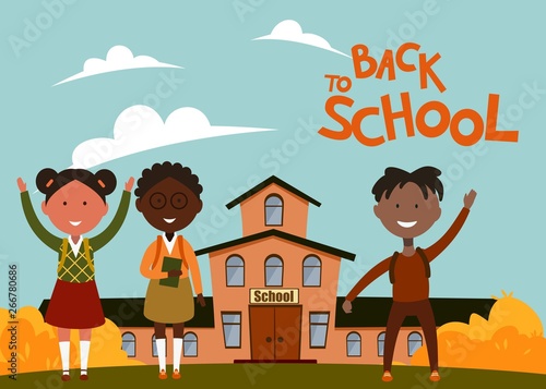 children schoolchildren of different sexes and different races stand on the background of the school, back to school