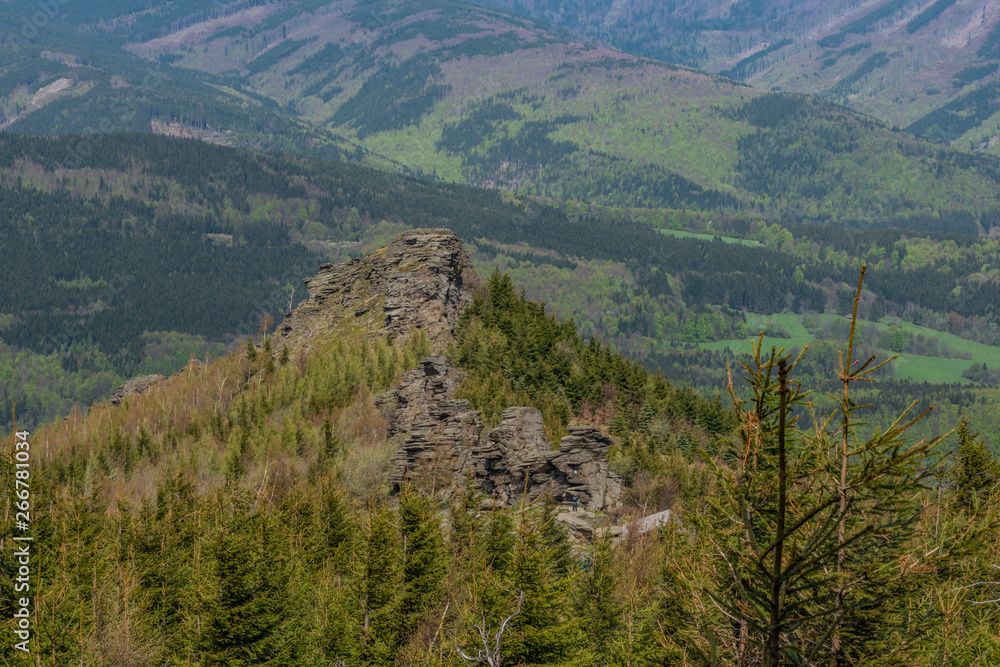 View from hill near Giant rocks in Jeseniky mountains in spring day View from hill near Giant rocks in Jeseniky mountains in spring day