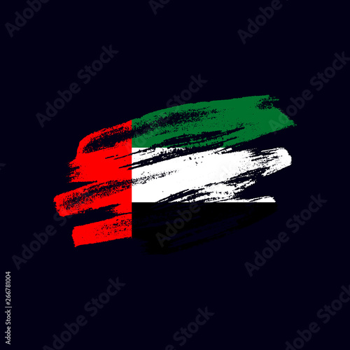 Grunge textured Emirati flag. Vector brush painted flag of United Arab Emirates isolated on dark blue background. Frayed and scratched the national symbol of the Asian country