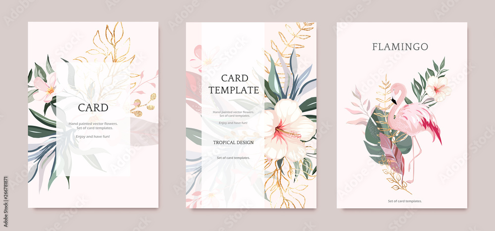 Set of card with exotic green, gold leaves and flowers. Tropical Wedding concept. Floral poster, invite with flamingo. Vector decorative greeting card or invitation design background
