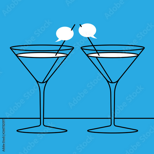 Two cocktail glasses with speech bubbles on toothpicks. Small talk concept illustration.
