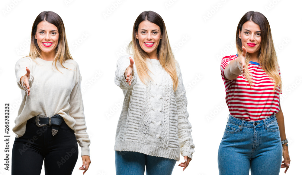 Obraz premium Collage of young beautiful woman over isolated background smiling friendly offering handshake as greeting and welcoming. Successful business.